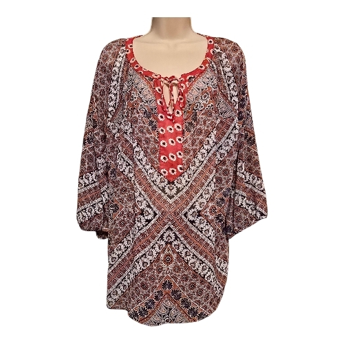 New Directions 1x Boho Sheer Blouse Red White Blue Lace Tie Neck Top